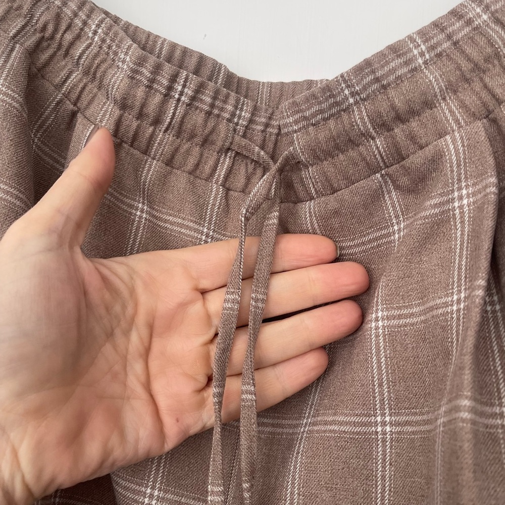 Ann Taylor Factory XL Windowpane Plaid Pull-On Pants Taupe Elastic Waist Pockets - Picture 5 of 7